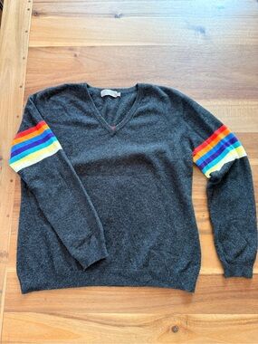 Brodie Cashmere Charcoal V-Neck Sweater with Rainbow Sleeve Stripes